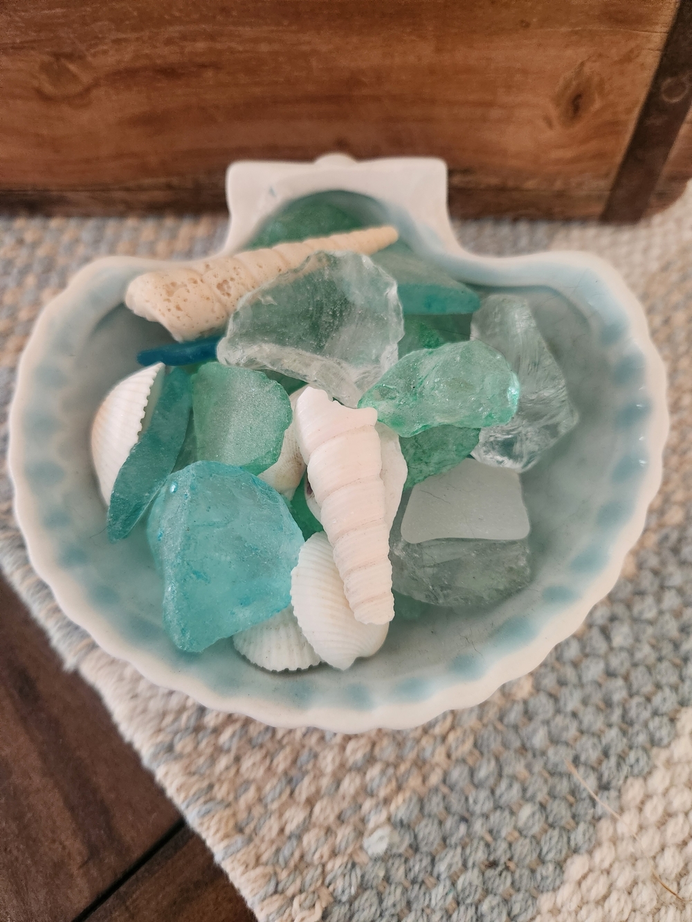 Sea Glass & SeaShell Mix in Ceramic Shell Trinket Dish #Coastal Decor